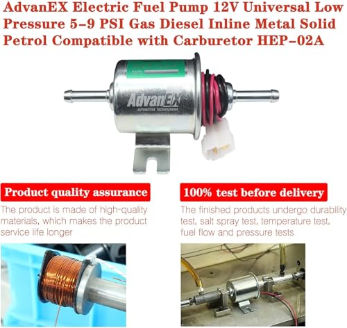 AdvanEX Electric Fuel Pump 12V Universal Low Pressure 5-9 PSI Gas Diesel Inline Metal Solid Petrol Compatible with Carburetor HEP-02A