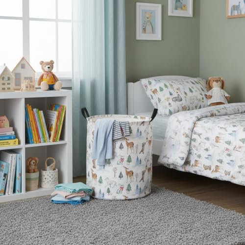 Image of Baby Laundry Hamper Basket Baby Hamper for Nursery Boy and Girl Cute Storage Bin Organizer Boho Room Decor(White Animals)