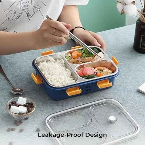 Image of 3 Compartment Lunch Box 750 ML | Insulated Air Tight BPA Free Stainless Steel Leak Proof Bento Box with Spoon Fork & Chopsticks | Lunch Box for Kids & Adults