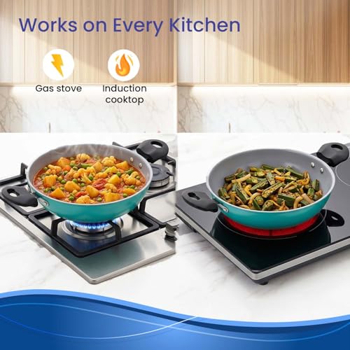 Image of DOZY Elite Premium Non-Stick Deep Kadhai with Cool-Touch Handles, Aqua, 28 cm,1L Capacity, Gas and Induction Compatible