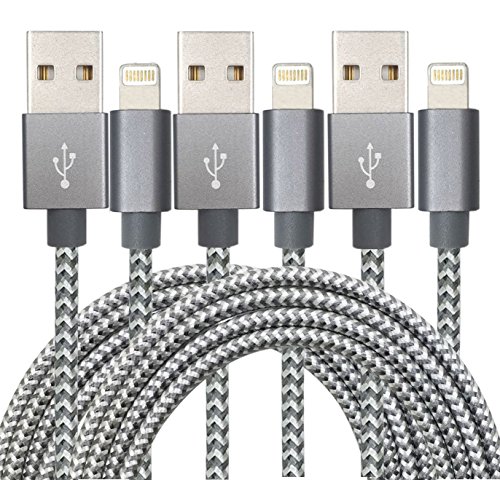 GOLDEN-NOOB Cable 8Pin to USB 10' Nylon Braided Popular Lightning Cable, Charging Cable Cord with Aluminum Heads for iPhone 7/7Plus/6/6S/6 Plus/6S Plus/5/5C/5S/Se/iPad/iPod Nano Touch - Gray - 3 Piece