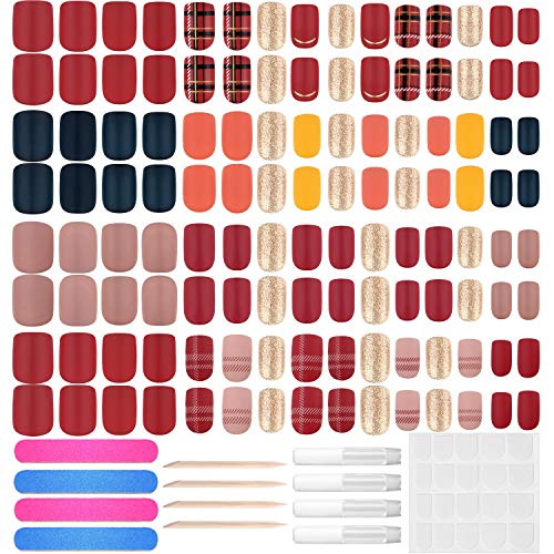 120 Tips 4 Pack Christmas Winter Short Square False Nails Matte Fake Nails Colorful Artificial Nails Full Cover with Glue Tabs Nail Files Wood Stick for Art Salon DIY Decoration