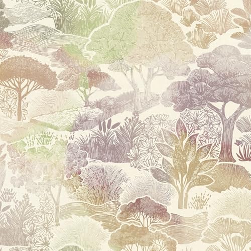 Papel pintado bosque lavable para tapar imperfecciones en paredes crema y verde 2