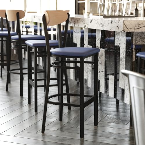 Image of Flash Furniture Wright Set of 2 Commercial Barstools - Natural Wood Boomerang Back - Blue Vinyl Seat - 500 LB. Capacity Black Steel Frame - Integrated Footrest