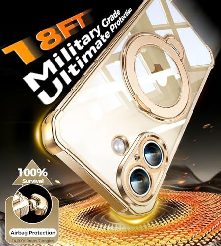 Image of Soft Case for iPhone 16 with 360 Rotating Magnetic Stand, Compatible with Mag-Safe, 4X MIL-Drop Protection, Lightweight Glossy Anti-Yellowing Clear Back Phone Cover for iPhone 16, Gold