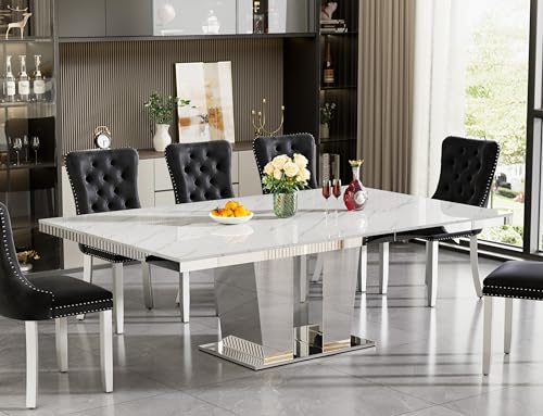 Image of 9-Piece Extendable Dining Table Set for 8, 63 inch-94 inch White Faux Marble Expandable Kitchen Table Set with 8 Black Velvet Chairs,Large Extendable Dining Room Tables with Mirrored Columnar Base