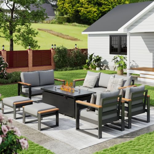 Image of Sundale Outdoor Aluminum Patio Furniture Set, 7 Piece Outdoor Conversation Sets with Fire Pit and 6 inch Thick Olefin Cushions, All Weather Outdoor Sectional Set for Deck, Lawn, Yard
