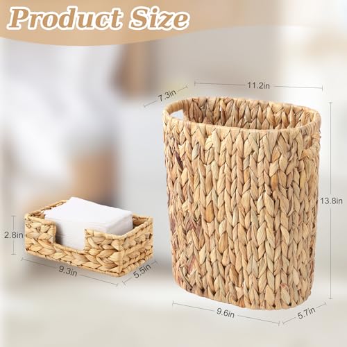 Image of Wicker Trash Can and Rectangle Napkin Holder, Guest Towel Holder,4 Gallon Water Hyacinth Bathroom Trash Can, Handwoven Napkin Holder, Narrow Small Waste Basket, Rustic Decorative Home and Office Set