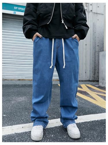OYOANGLE Men's Drawstring Elastic Waist Wide Leg Cargo Jeans Baggy Casual Denim Pants with Pockets3
