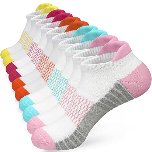 ouhos Womens Ladies White Black Thick Trainer Running Sports Ankle Warm Socks Anti Blister Walking Work Support Cotton Socks for Womens 4-7 Multipack Short Cushioned Athletic Socks 5 Pairs