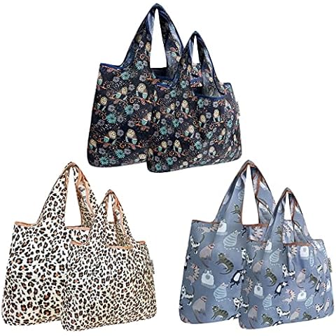 allydrew Large Foldable Tote Nylon Reusable Grocery Bags, 3 Pack, Set of 6, Owls & Cats, 6 Pack Cover