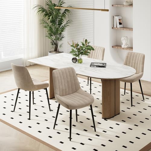 COLAMY Velvet Dining Chairs Set of 4 Velvet Chairs for Dining Room with Metal Legs and Thick Seat Cushion Upholstered Kitchen Chair with Anti-Slip Pads Khaki