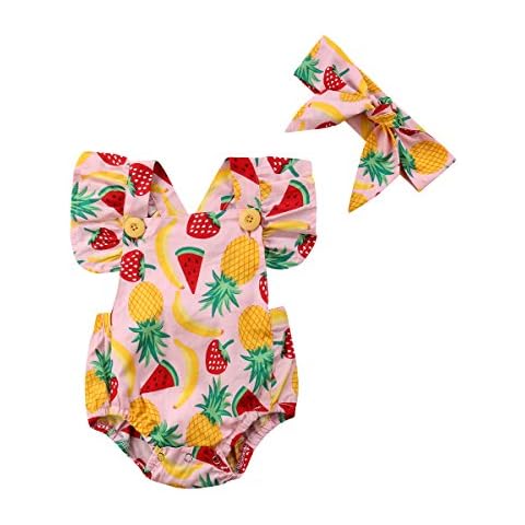 HBER 0-12M Infant Toddler Baby Girl Summer Clothes Fruits Print Backless Ruffles Rompers Jumpsuit Cute Outfits with Headband Pink Cover