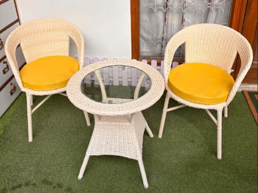 Image of India Garden Patio Seating Chair and Table Set Outdoor Balcony Garden Coffee Table Set Furniture with Table and Chairs Set (Cream with Yellow Cushion 2+1)