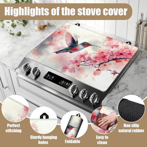 Image of HummingBird Cherry Blossom Stove Top Covers for Electric Stove, Spring Flower Electric Gas Stove Pad Heat Resistant Range Cooktop Protector for Home Decor Kitchen 28 inchx20 inch