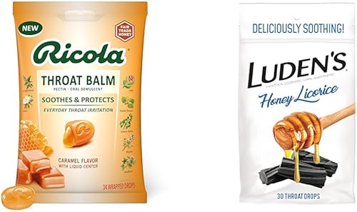 Ricola Gotas de caramelo para la garganta, 34 unidades y gotas de miel de regaliz de Luden, paquete de 30 unidades para aliviar la garganta