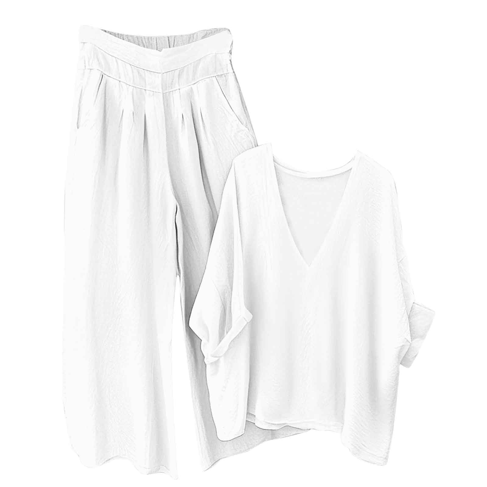 Ensemble en Lin Femme 2 Pièces Survêtement Coton et Lin Ete Chic Elegant Grande Taille Tunique + Pantalon Large Décontracté Vetement de Sport Jogging Respirant Affaires Outfits Suit de Plage Pas Cher