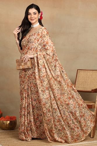 Image of MIRCHI FASHION Women Saree Floral Print Chiffon | Lightweight Festive Occasion Sari for Farewell and Functions with Unstitched Blouse Piece