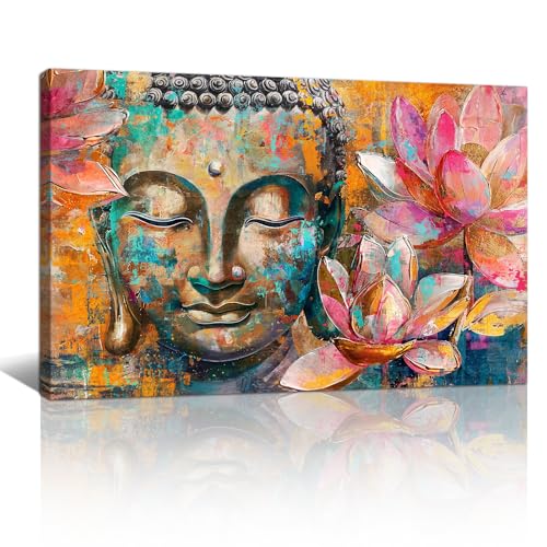 Lienzo de Buda Colorido en Lienzo para Pared Enmarcado, Flores de Loto Zen, Impresion en Lienzo Vintage, Pintura Inspiradora para Meditación Espiritual, Decoración para Hogar, Spa, Pasillo de Yoga