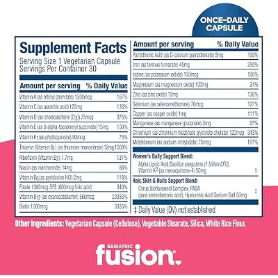 Bariatric Fusion Bariatric Multivitamin with Iron for Women | Hair, Skin and Nails Blend for Hair Loss After Bariatric Surgery & GLP-1 | 30 Capsules | 1 Month Supply