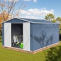 12' x 10' XL Outdoor Storage Shed, Sturdy Metal Building w/Lockable Doors for Garden, Backyard, Poolside and Lawn, Blue+White
