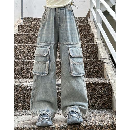 Girls Jeans Baggy Wide Leg Cargo Pants Elastic High Waist Denim Pants Casual Loose Jeans Multi Pocket Streetwear Clothes2