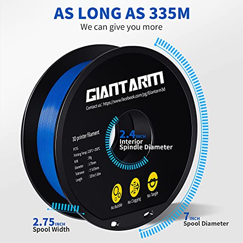 Image of GIANTARM Blue PETG 3D Printer Filament 1kg (2.2lbs) Toughness Enhanced,1.75mm Dimensional Accuracy + /-0.02mm, 1080 Feet（330m）per Roll, Vacuum Packaging, Fit for Most 3D FDM Printer