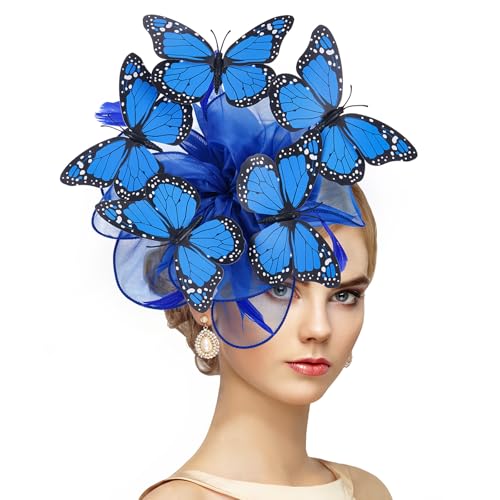 Zinniday Butterfly Organza Derby Hats - 1920s 50s Blue Monarch Butterfly High Tea Party Hat with Hairpin, 2025 Derby Attire Headwear for Women Lady Girls Masquerade Ball Party Costume