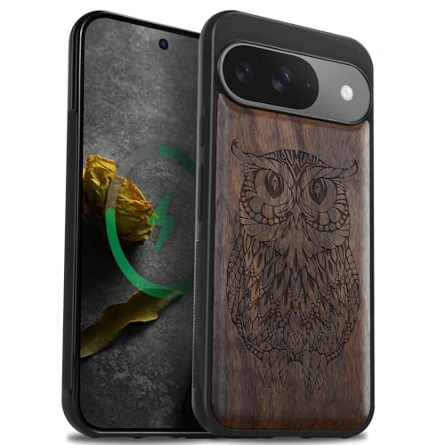Coque bois Pixel 9 Carveit étui noyer gravé hibou haut de gamme compatible Magsafe