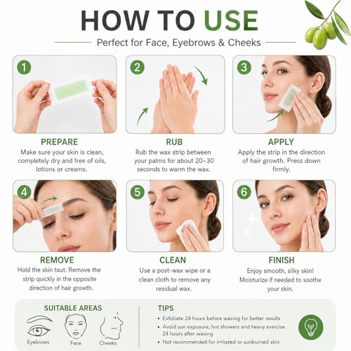 Facial Wax Strips for Women – 98% Natural Cold Wax Strips for Face & Eyebrows, Gentle Hair Removal for Upper Lip, Chin & Peach Fuzz, Hypoallergenic for Sensitive Skin, 40 Strips + 4 Wipes Detail