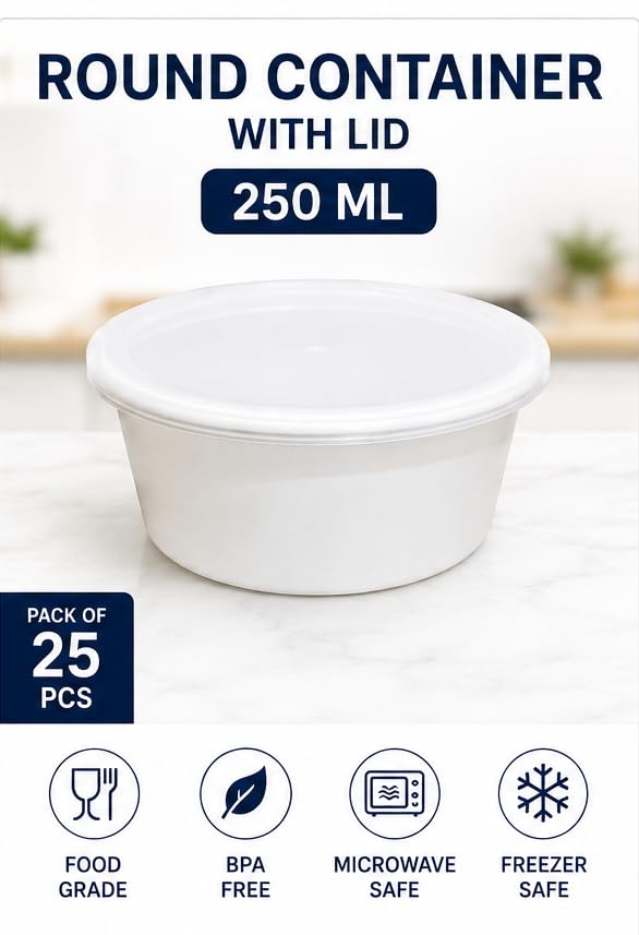 Image of 250 ML Disposable Food Containers with Lids (25 PCS) | Round Food Storage & Takeaway | BPA Free, Microwave Safe, Freezer Safe Meal Prep Boxes for Kitchen, Restaurant & Food White
