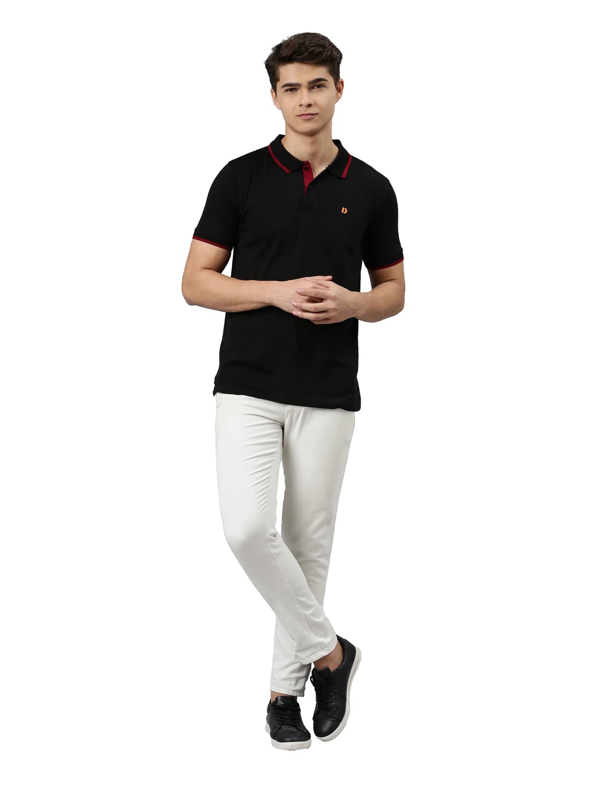Dixcy Scott Originals Mens Regular Fit Polo Neck Short Sleeves Cotton T-Shirt(Jet Black and Black Beauty with Red Collar Tapping)-L 3