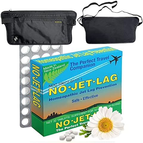 Miers Labs NO Jet Lag Homeopathic Jet Lag Remedy (1 Pack, 32 Tablets) & Travel Waist Pouch with RFID Blocking Technology, Hidden Travel Pouch, Travel Essential, Travel Accessories Cover