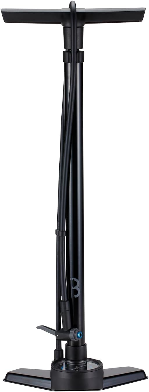 BBB Cycling AirSmart Bike Pump with Pressure Gauge | Strong and Accurate Floor Pump | Compatible with Presta, Schrader and Dunlop | 120 cm High Pressure Rubber Hose | Black | BFP-42