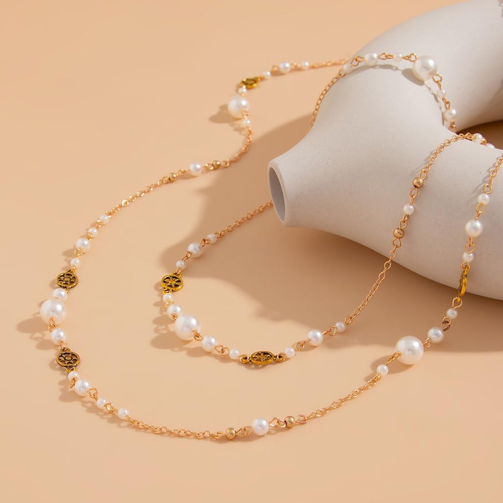 Layered Pearl Long Necklace Dainty Gold Stacking Long Pearl Statement Necklaces Trendy Sweater Strand Accessories Jewelry For Women - Image 6