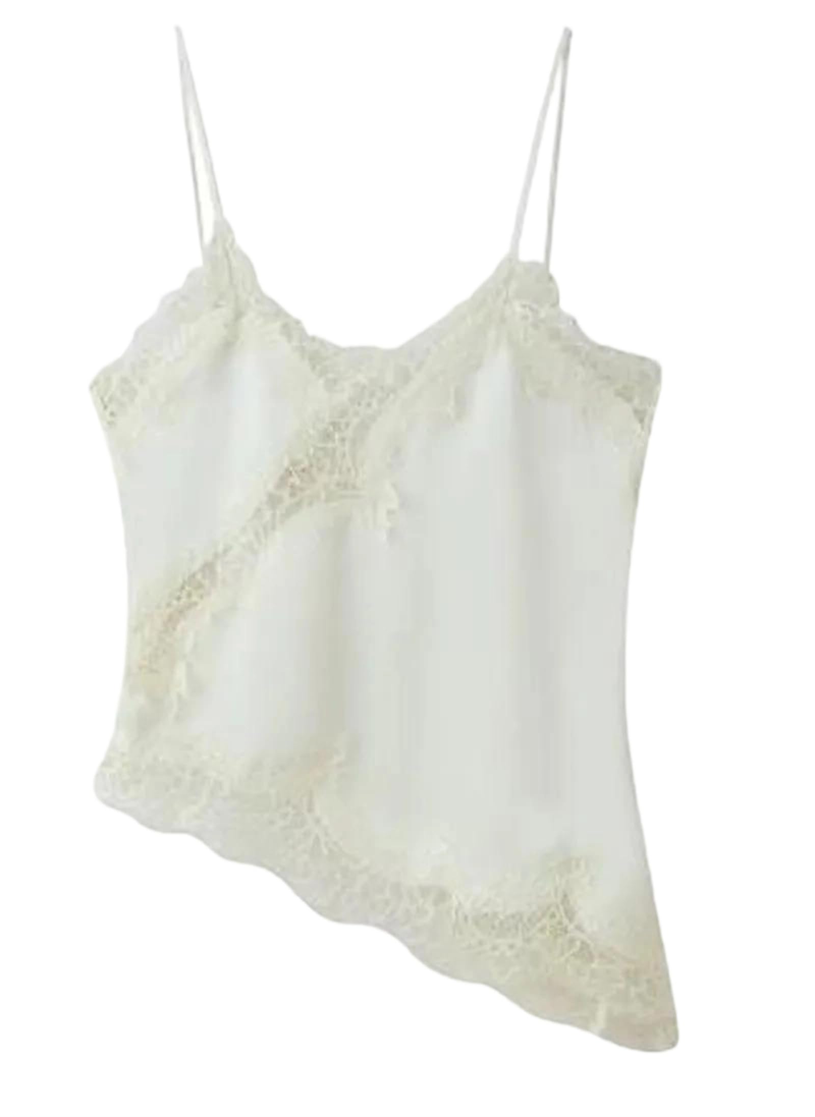 Genérico Camiseta de Tirantes Irregular de Encaje Sexy para Mujer, con Escote en V, Espalda Descubierta, sin Mangas, Transparente, Estilo Urbano (Top Corto, Talla 6 Mediana)