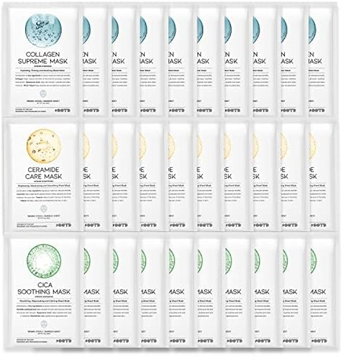 Hydrating Soothing Sheet Masks Gift Set for Skincare, Korean Vegan Sheet Mask for Dry, Sensitive Skin, Calming, Smoothing, Brightening, Collagen, Ceramide, Cica, Hyaluronic Acid 30EA