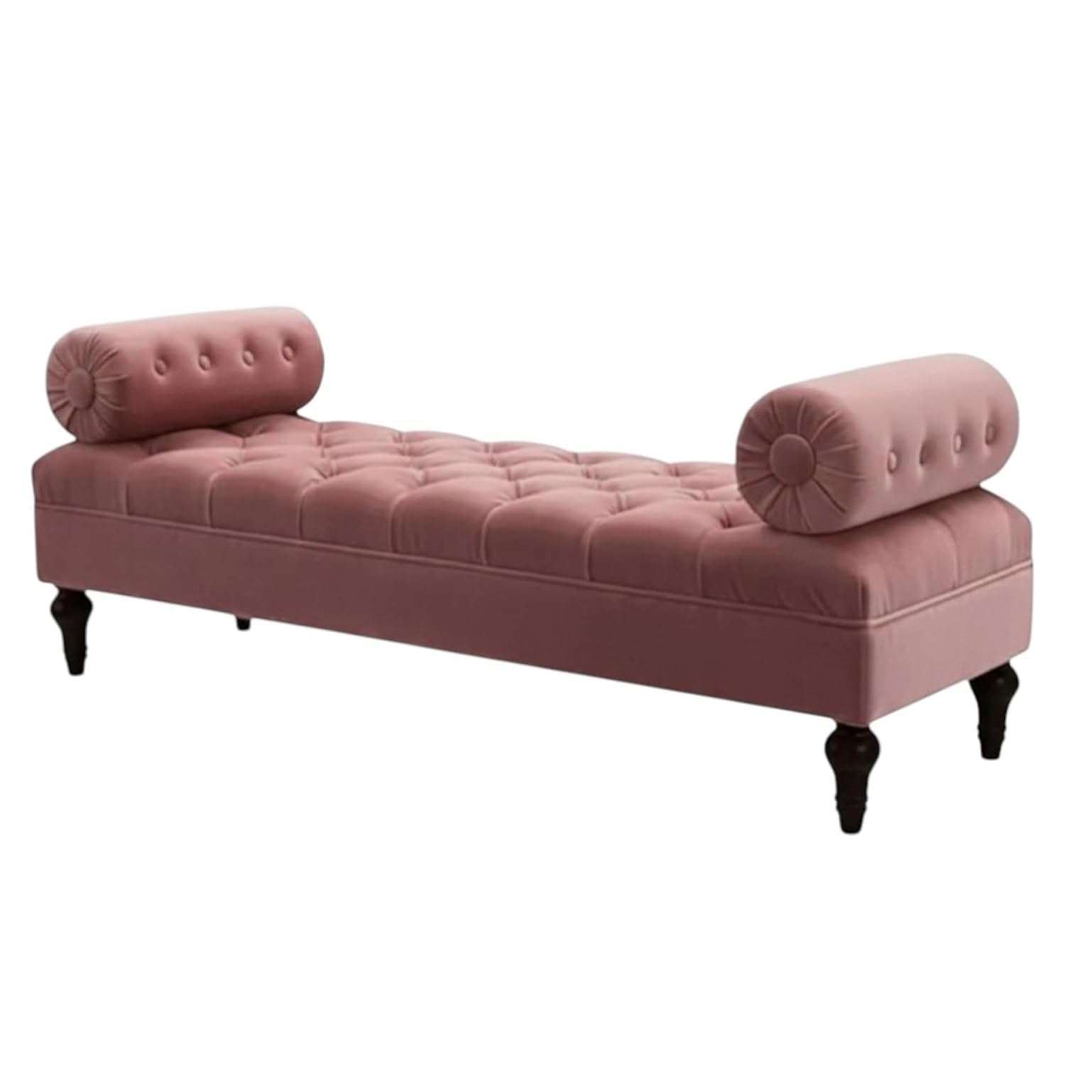 Tufted Velvet Bench with Bolster Roll Arms & Wooden Legs | Bedroom End-of-Bed Bench for Living Room Entryway (Rose Pink)-image-48