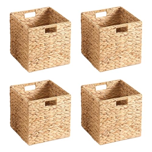 13x13x13 Wicker Storage Basket Set of 4, Water Hyacinth Woven Basket with Handles, Wicker Cube Storage Bins for Shelves, Foldable Square Storage Cubes for Living Room Bedroom Organizing, Natural