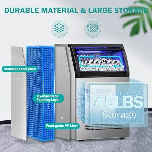 Image of Commercial Ice Maker Machine, 150lbs /24H with 45Lbs Storage Bin, 55Pcs Ice Cubes 8Mins, Tap Add Water Freestanding Ice Maker Commercial for Home Bar Office