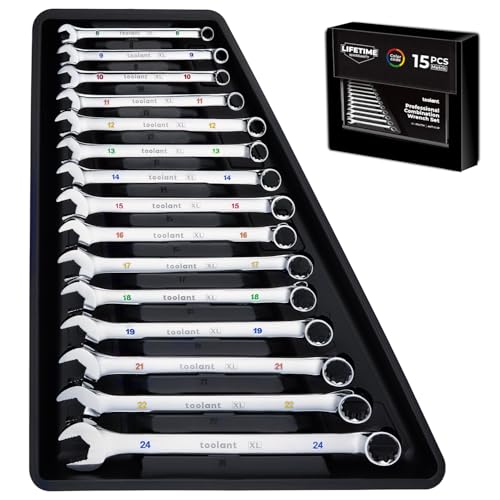 Image of toolant Max Grip 15pcs Professional Metric Combination Wrench Set with Long Pattern Offset Heads Anti-Slip Teeth & Color-Coded Markings for Machinist, Auto, maintenance, DIYer