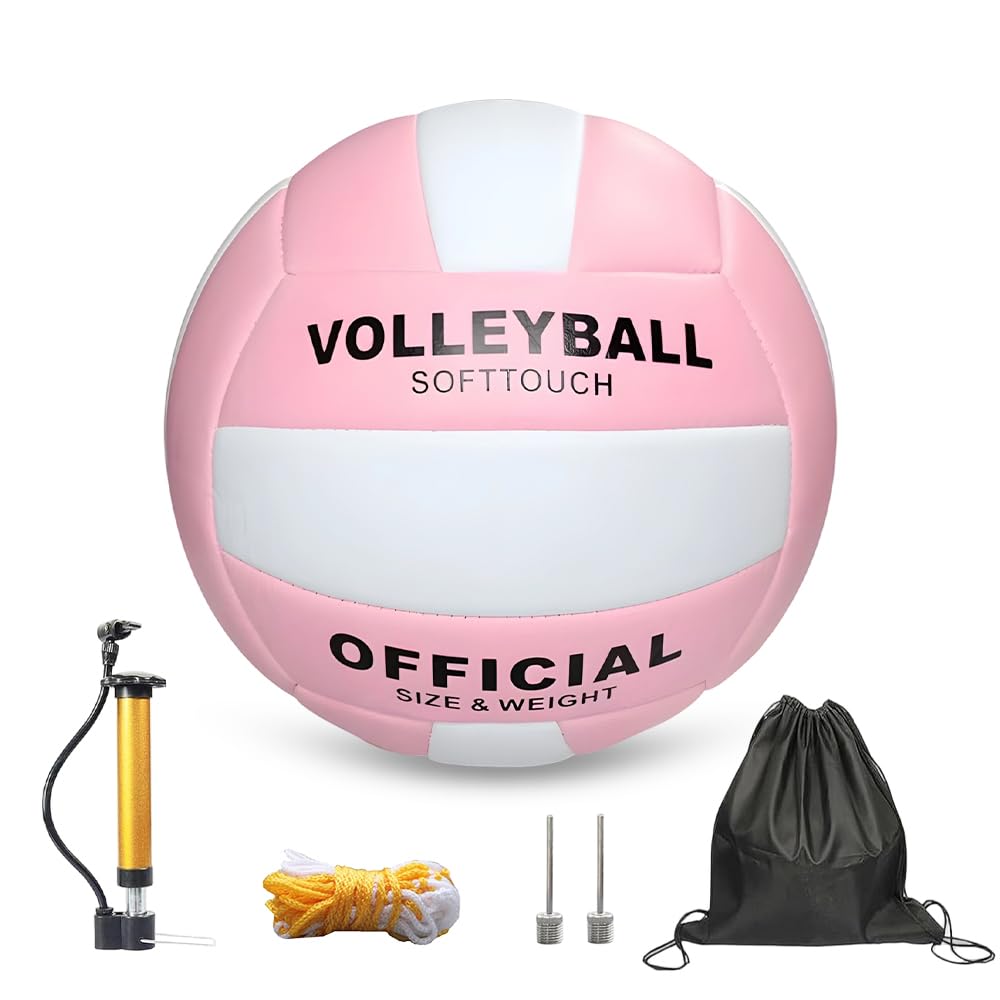 JOAASU Volleyball, Soft Touch Volleyballs Official Size 5, Pink & White Design with Pump & Carry Bag, Ideal for Women, Youth & Teens, Training & Game Use for Indoor, Outdoor & Beach Play Pool