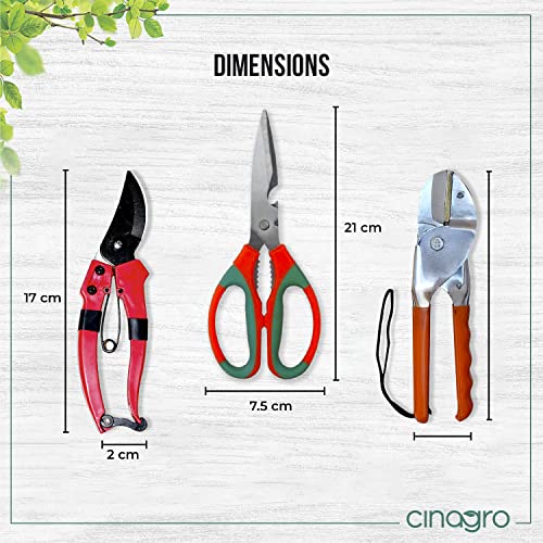 Image of Cinagro (Set of 3) Stainless Steel Gardening Tools, Pack of Pruning Shears, Pruning Secateurs and Gardening Scissors, Sharp Blades for Easy Cutting, Comfortable and Durable (Multicolor)