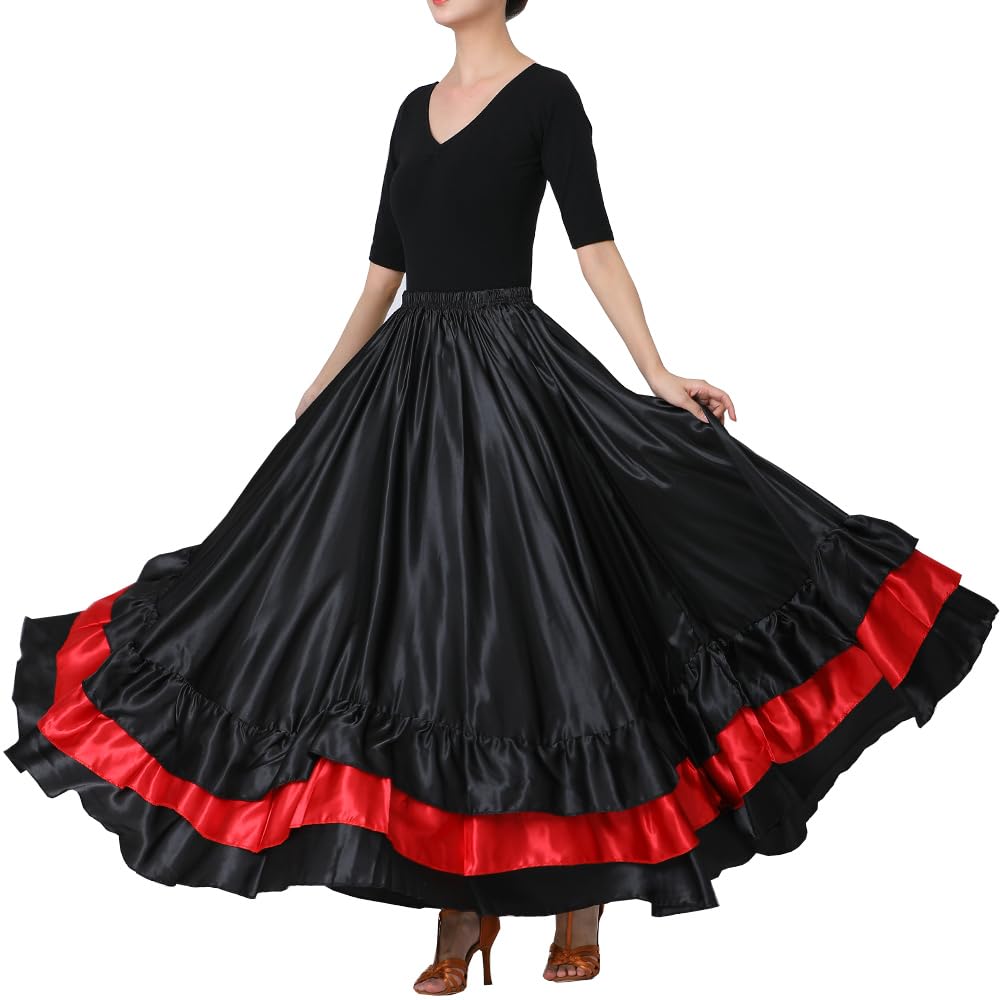 Women Black Red Layers Satin Long Skirt for Spanish Flamenco Belly Dance Mexico Ballet Folklorico Performance