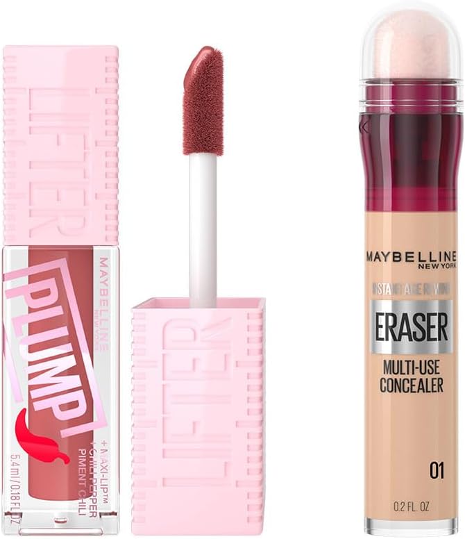 Maybelline New York Lifter Plump Dudak Parlatıcısı- 005 Peach Fever & Instant Anti Age Eraser Kapatıcı, 01 Light, 6.8 ml Makyaj Seti