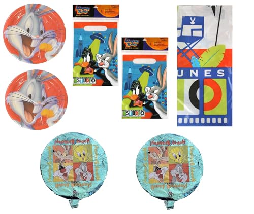 Looney Tunes Bugs Bunny Daffy Duck Birthday Party Supplies Bundle includes 16 Lunch Paper Plates, 16 Loot Bags, 1 Table Cover, 2 Mylar Balloons