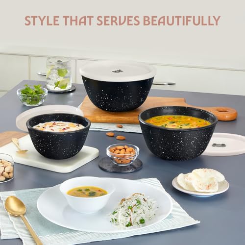 Image of Borosil 1 L Serving & Mixing Bowl with Lid | Made in India Borosilicate Glass Bowl for Kitchen & Dinning | Bowl for Mixing Dough, Salad, Batter | Microwave & Dishwasher Safe (Pebble Black)
