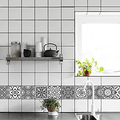 10 Pcs Tile Sticker, 8X8 Inch(20X20Cm) Traditional Diy Murals, Tile Waterproof Oil Proof Removable Decals For Bathroom & Kitchen Backsplash (Black And White Ht-07) #TOP7