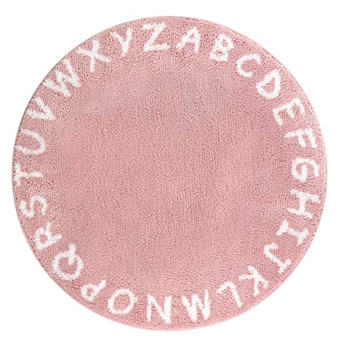 Image of Lahome ABC Pink Round Rug for Girls Bedroom - 3ft Washable Small Classroom Rug Non Slip Alphabet Rug, Circle Nursery Rug for Kids Room, Cute Furry Plush Shaggy Crawling Play Mat for Children Toddlers