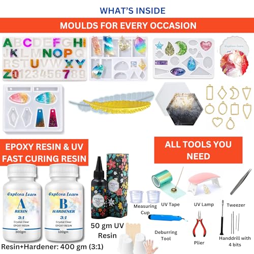 Image of exploralearn Premium Ultra Epoxy Resin Art Kit - Epoxy Resin (400gm) + UV Resin (50gm) | Complete DIY Jewellery Making Kit with Moulds, Tools, Pigments, Glitters & Accessories for Beginners & Adults